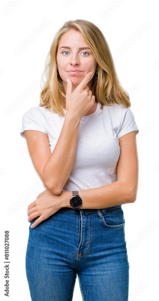 Beautiful young woman wearing casual white t-shirt over isolated background looking confident at the camera with smile with crossed arms and hand raised on chin. Thinking positive. Beautiful young woman wearing casual white t-shirt over isolated background looking confident at the camera with smile with crossed arms and hand raised on chin. Thinking positive.