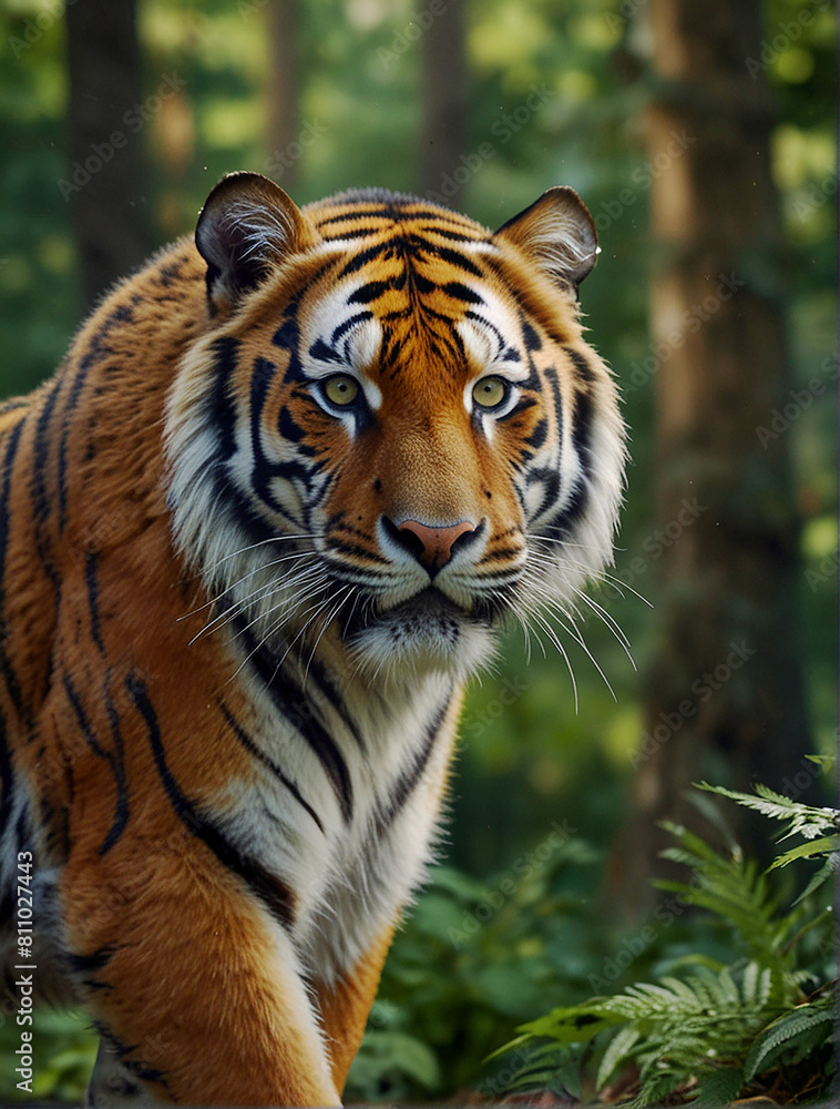 3d realistic tiger with green forest background. Ai generated results 3d realistic tiger with green forest background. Ai generated results