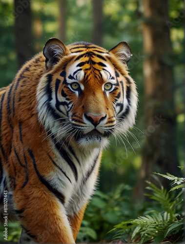 3d realistic tiger with green forest background. Ai generated results