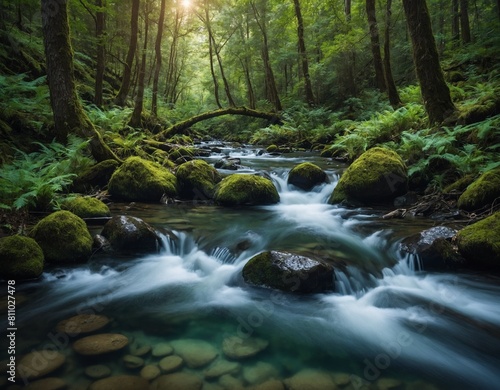 Immerse yourself in the beauty of the forest with our image of a tranquil forest stream  its crystal-clear waters winding their way through the trees