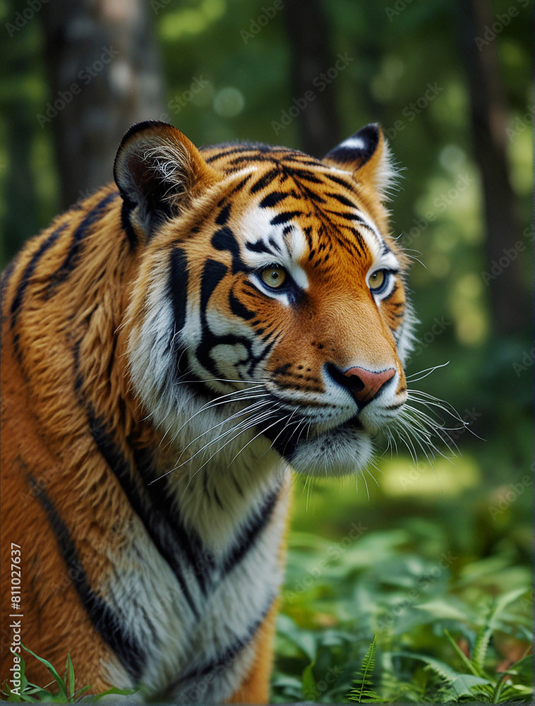 Fototapeta premium 3d realistic tiger with green forest background. Ai generated results