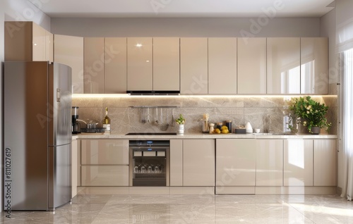 Minimalist beige kitchen with sleek cabinets and refrigerator, featuring neutral tones for an elegant aesthetic