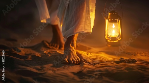 Jesus walking on sand with lantern in hand, close up of feet and linen white robe, walking towards viewer, dark desert background, warm light from the lamp