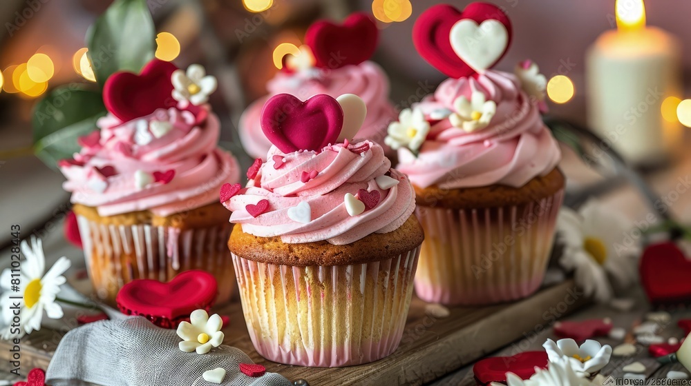 An elegant arrangement of cupcakes with whipped cream and red heart toppings, set against a deep blue background. An elegant arrangement of cupcakes with whipped cream and red heart toppings, set against a deep blue background.