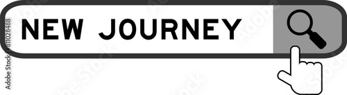 Search banner in word new journey with hand over magnifier icon on white background