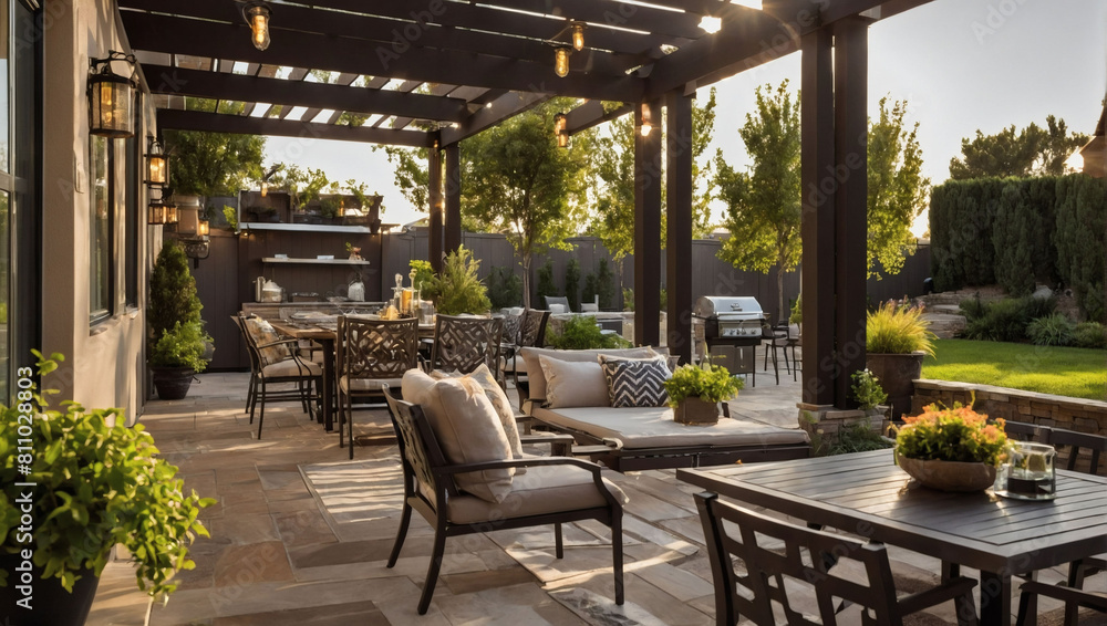 Patio Perfection, Stylish Furnishings including Pergola, Awning, Dining Table, and Grill