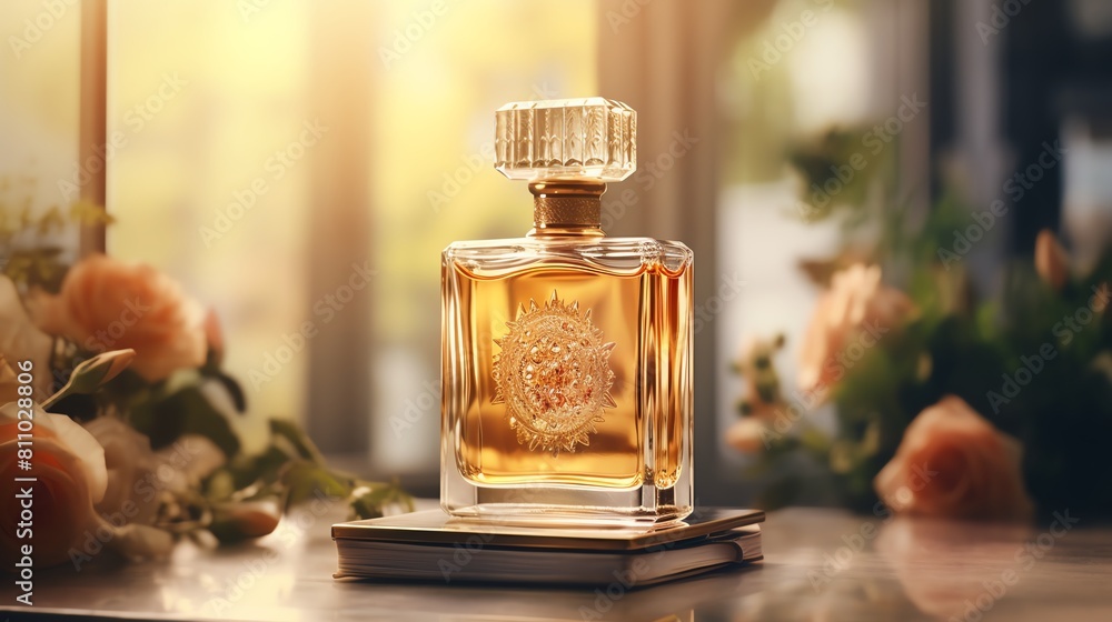 A beautiful fragrance bottle sits on a table A beautiful fragrance bottle sits on a table