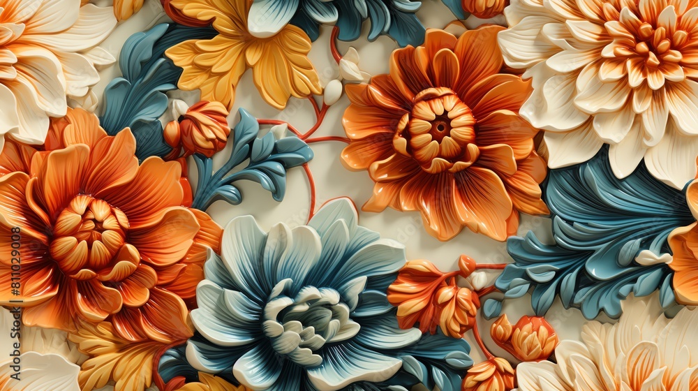 Create a seamless, high-resolution texture of a floral pattern with white, orange, and blue flowers. Create a seamless, high-resolution texture of a floral pattern with white, orange, and blue flowers.