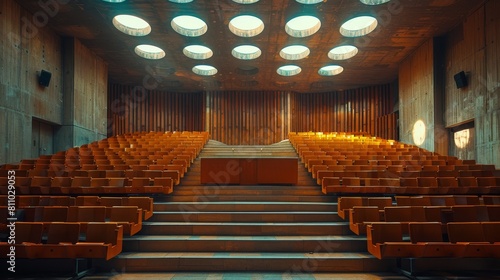 vintage university interior with rows of seats, a podium, and an empty auditorium symbolising higher education and academic excellence photo
