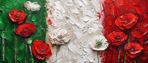 Textured Oil Painting of Poppies on Red, White, and Green, Symbolizing Italian Flag in a Vibrant Abstract Floral Art