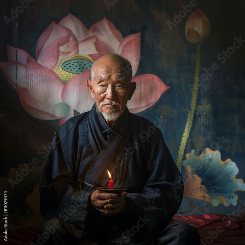 Old Monk in Traditional Chinese Cassock with Lotus Flower