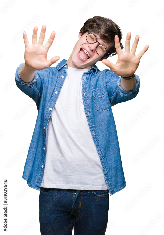 Young handsome man wearing glasses over isolated background showing and pointing up with fingers number ten while smiling confident and happy. Young handsome man wearing glasses over isolated background showing and pointing up with fingers number ten while smiling confident and happy.