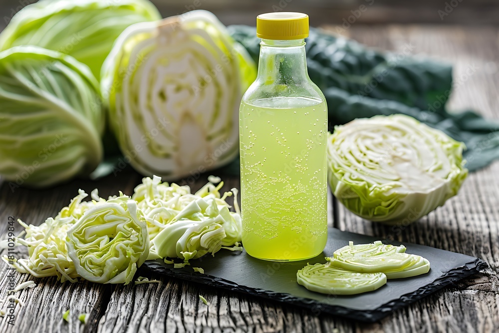 bottle of cabbage juice and slices on wooden background, time for vitamin detox diet, fresh summer wallpaper, healthy harvest banner bottle of cabbage juice and slices on wooden background, time for vitamin detox diet, fresh summer wallpaper, healthy harvest banner