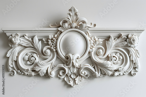 White rococo cartouche frame isolated on solid white background. Decorative ornament isolated on a white background photo