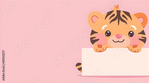 Cute Cartoon Tiger Character Peeking from Corner on Pink Background
