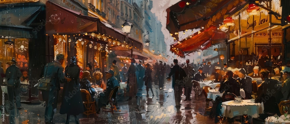 A bustling cafe scene in Paris, captured in an impressionistic style, with a clear space at the top for a romantic quote
