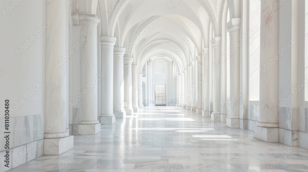Obraz premium Serene cathedral corridor white marble and minimalist walkway poles under arches