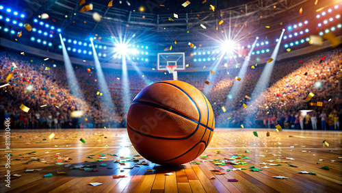 Close up of a basketball ball in the center of the stadium, winning a basketball game