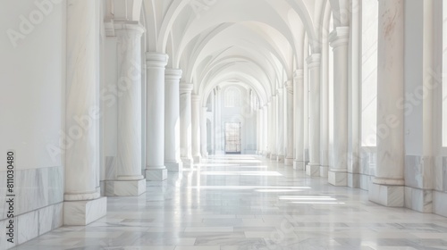 Serene cathedral corridor white marble and minimalist walkway poles under arches