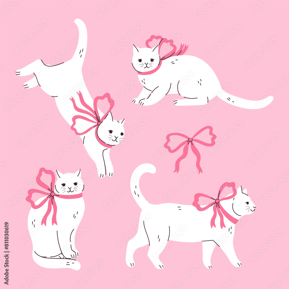 Obraz premium Set of cute white cats with pink bows. Vector graphics.