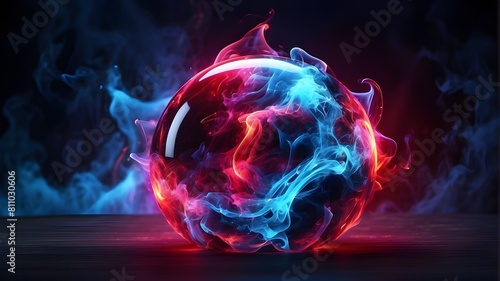Round magical energy sphere in abstract form. Electric ball glowing in bright magenta diamond-colored smoke clouds