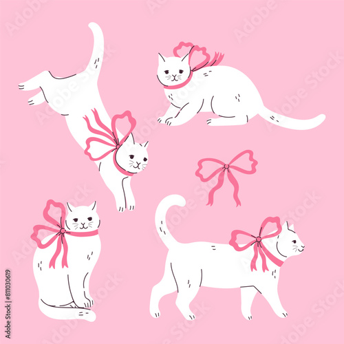 Set of cute white cats with pink bows. Vector graphics.