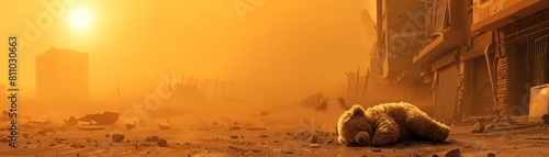 A child s teddy bear lies face down in the dust of an evacuated city, its color washed out by the relentless glare of an unforgiving, fiery orange sun photo
