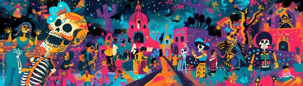 A colorful Dia de los Muertos street festival, illustrated with vibrant colors and abstract forms, with room for cultural notes