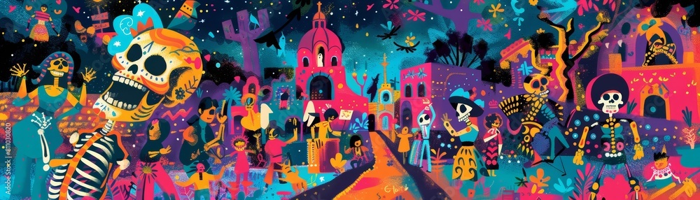 A colorful Dia de los Muertos street festival, illustrated with vibrant colors and abstract forms, with room for cultural notes A colorful Dia de los Muertos street festival, illustrated with vibrant colors and abstract forms, with room for cultural notes