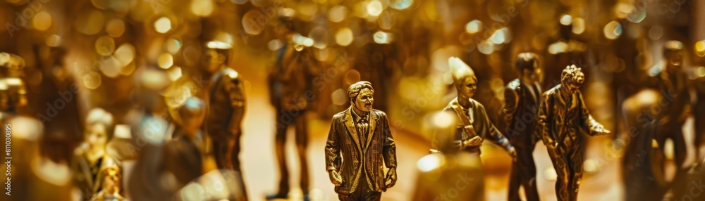 A crowd shot of tiny figurines of businessmen and women at a New Years Day parade, each figure delicately crafted from gold, showcased in an intricate Art Nouveau style A crowd shot of tiny figurines of businessmen and women at a New Years Day parade, each figure delicately crafted from gold, showcased in an intricate Art Nouveau style
