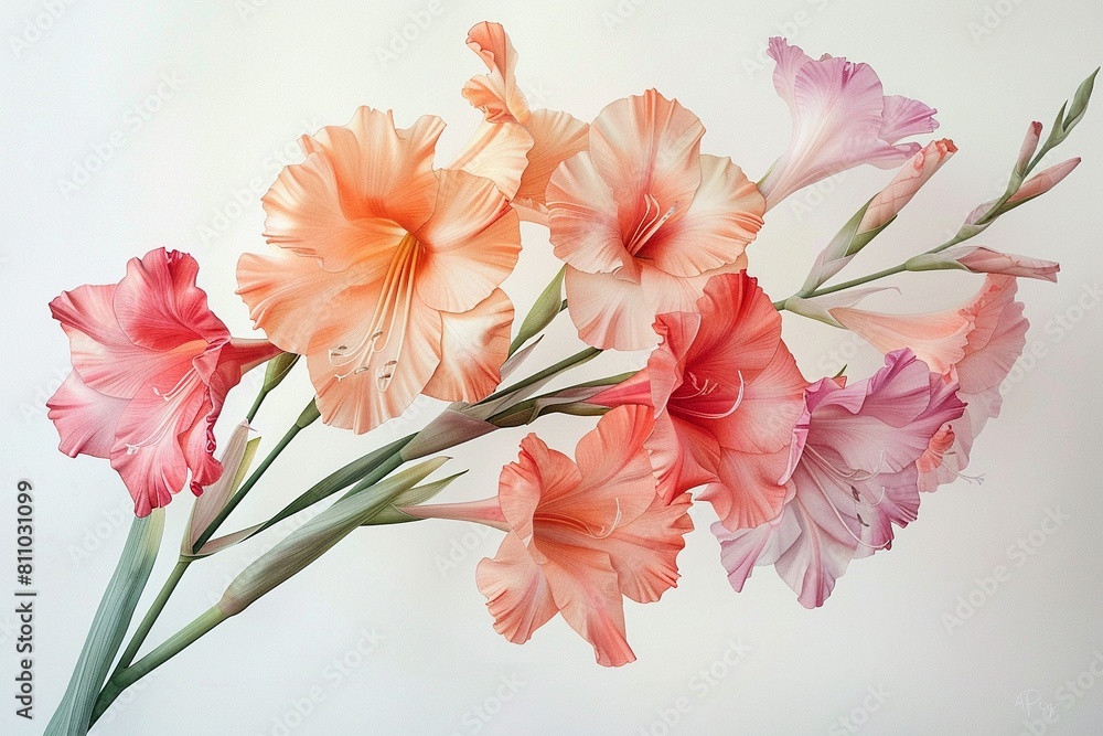 Delicate and serene, Gladiolus flowers in pastel watercolor, hand drawn elegantly displayed on a white background Delicate and serene, Gladiolus flowers in pastel watercolor, hand drawn elegantly displayed on a white background