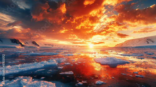Breathtaking arctic sunset over ice-filled waters