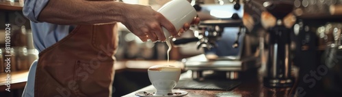 A detailed shot of a barista crafting a perfect cappuccino in a chic cafe, ideal for beverage advertisements with ample copy space photo