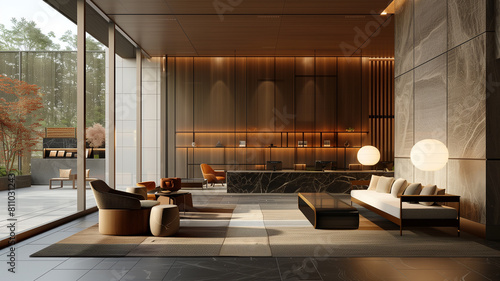 Modern minimalist hotel lobby, Sleek lines, natural light, comfortable seating areas, functionality photo