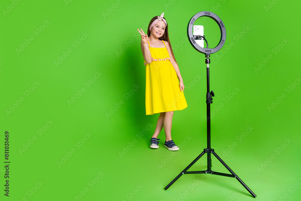Full length photo of adorable lovely small girl wear pin up dress showing v-sign taking selfies gadget empty space isolated green color background Full length photo of adorable lovely small girl wear pin up dress showing v-sign taking selfies gadget empty space isolated green color background