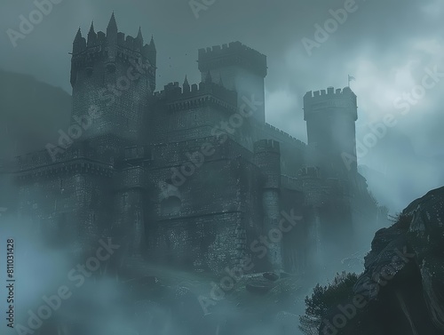 A medieval castle shrouded in mist  portrayed in a gothic style with a dark sky reserved for a legendary tale