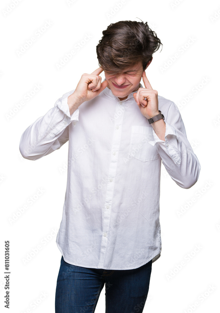 Young handsome business man over isolated background covering ears with fingers with annoyed expression for the noise of loud music. Deaf concept. Young handsome business man over isolated background covering ears with fingers with annoyed expression for the noise of loud music. Deaf concept.
