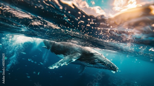 The view from underwater of whales and marine life swimming in an ocean is split into two parts photo