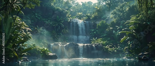 A roaring waterfall in a dense jungle, painted in a romantic style with a space at the bottom for reflective words