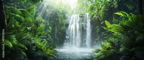 A roaring waterfall in a dense jungle  painted in a romantic style with a space at the bottom for reflective words