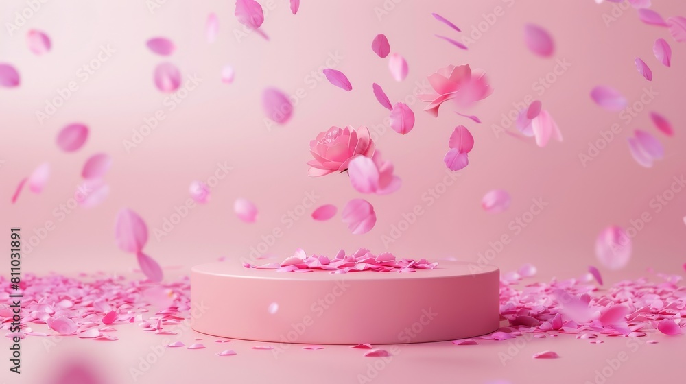 Pink podium display with flower petals. Cosmetic and beauty product promotion on pastel pedestal. Abstract advertisement. Feminine 3D render copy space mockup.