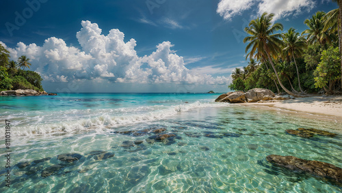 Spiaggia con sabbia bianca di un'isola di un atollo tropicale in mezzo all'oceano una foresta di palme rigogliose
