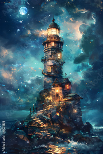 a lighthouse is sitting on top of a rocky hill in the middle of the ocean at night photo