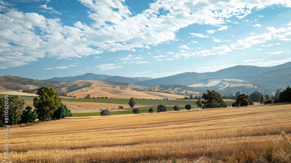A rural landscape background of rolling hills and mountains. A field, a farm, and trees dominate the scene.