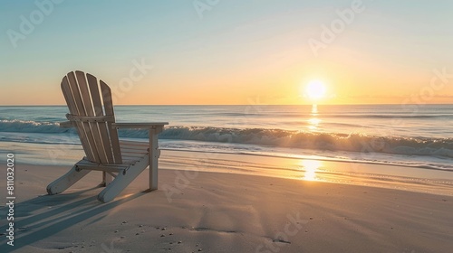 A chair is placed on the beach at dusk  with water reflecting the colorful sky and clouds as the sun sets over the horizon  creating a serene landscape AIG50