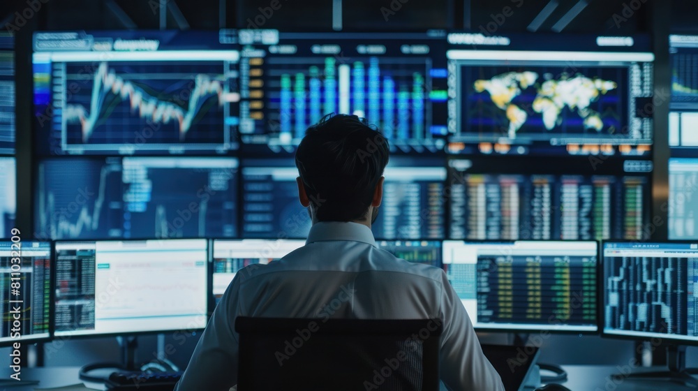 A financial analyst analyzing stock market trends and data on multiple computer screens in a corporate office A financial analyst analyzing stock market trends and data on multiple computer screens in a corporate office