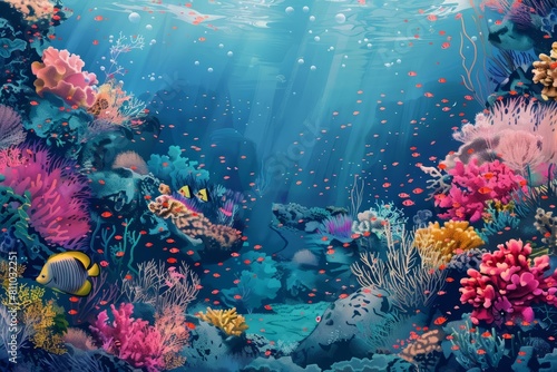 A vivid coral reef bustling with marine life  rendered in an expressive style  leaving a section on the side for educational text
