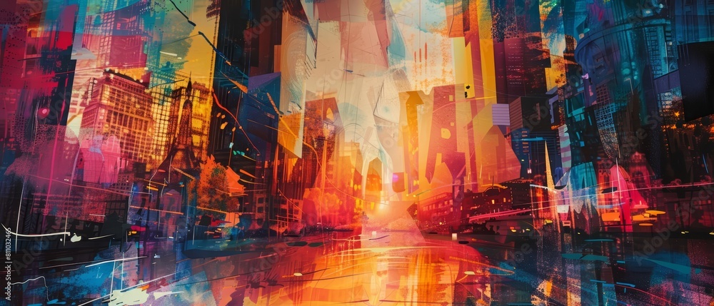 Abstract modern art collage portrait of a vibrant city during the Diwali festival, depicted in futuristic styles and presented as an illustration template
