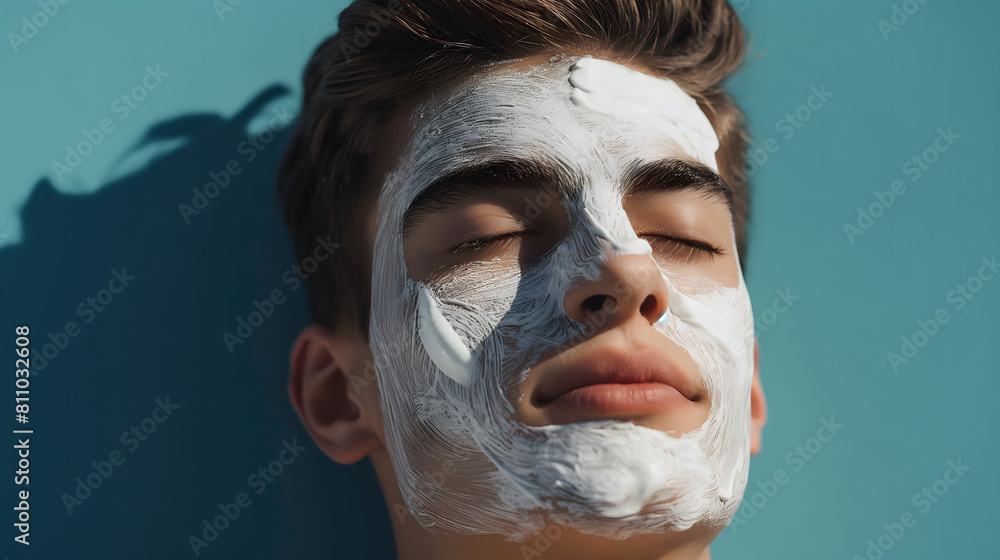 Fototapeta premium Close-up of a young man relaxing with a white facial mask under a bright blue sky, highlighting the purity and calmness of his skincare routine