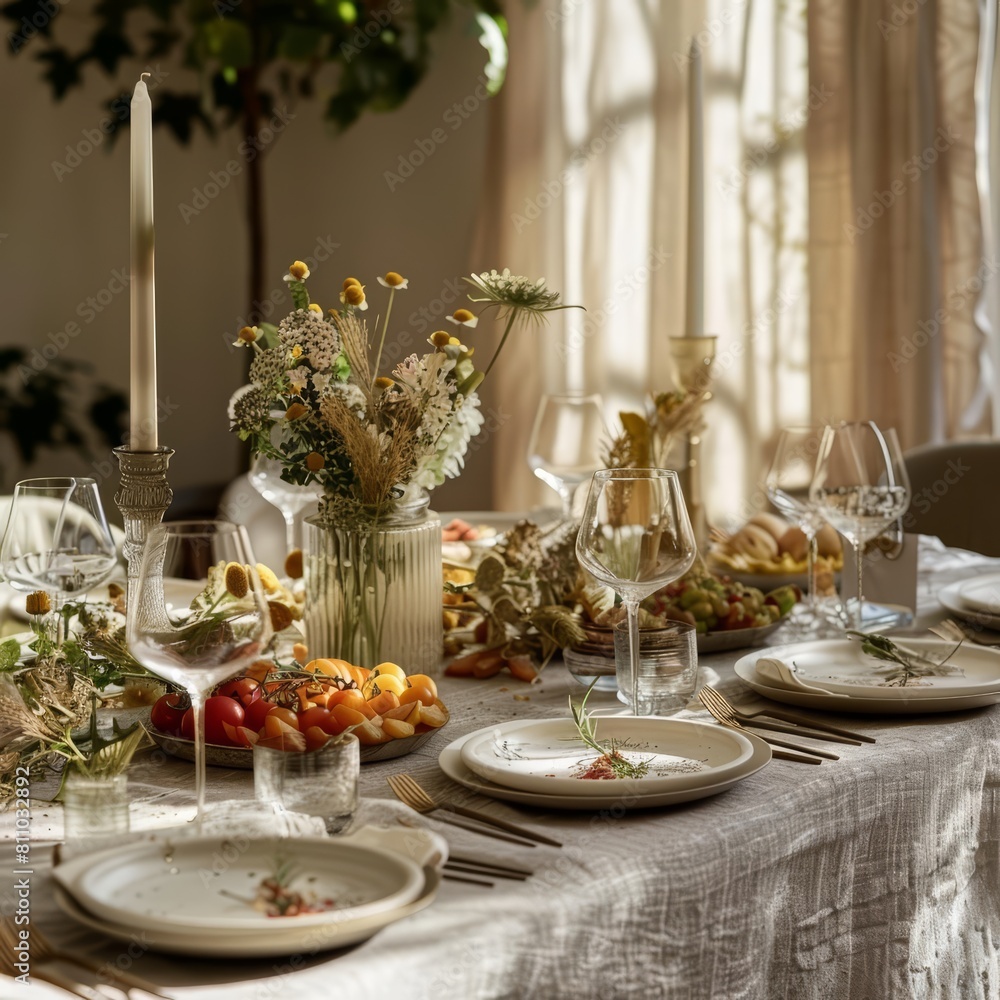 An elegant dinner setup with vegan, clean eating options, featured in a refined dining room for an upscale wellness retreat advertisement An elegant dinner setup with vegan, clean eating options, featured in a refined dining room for an upscale wellness retreat advertisement